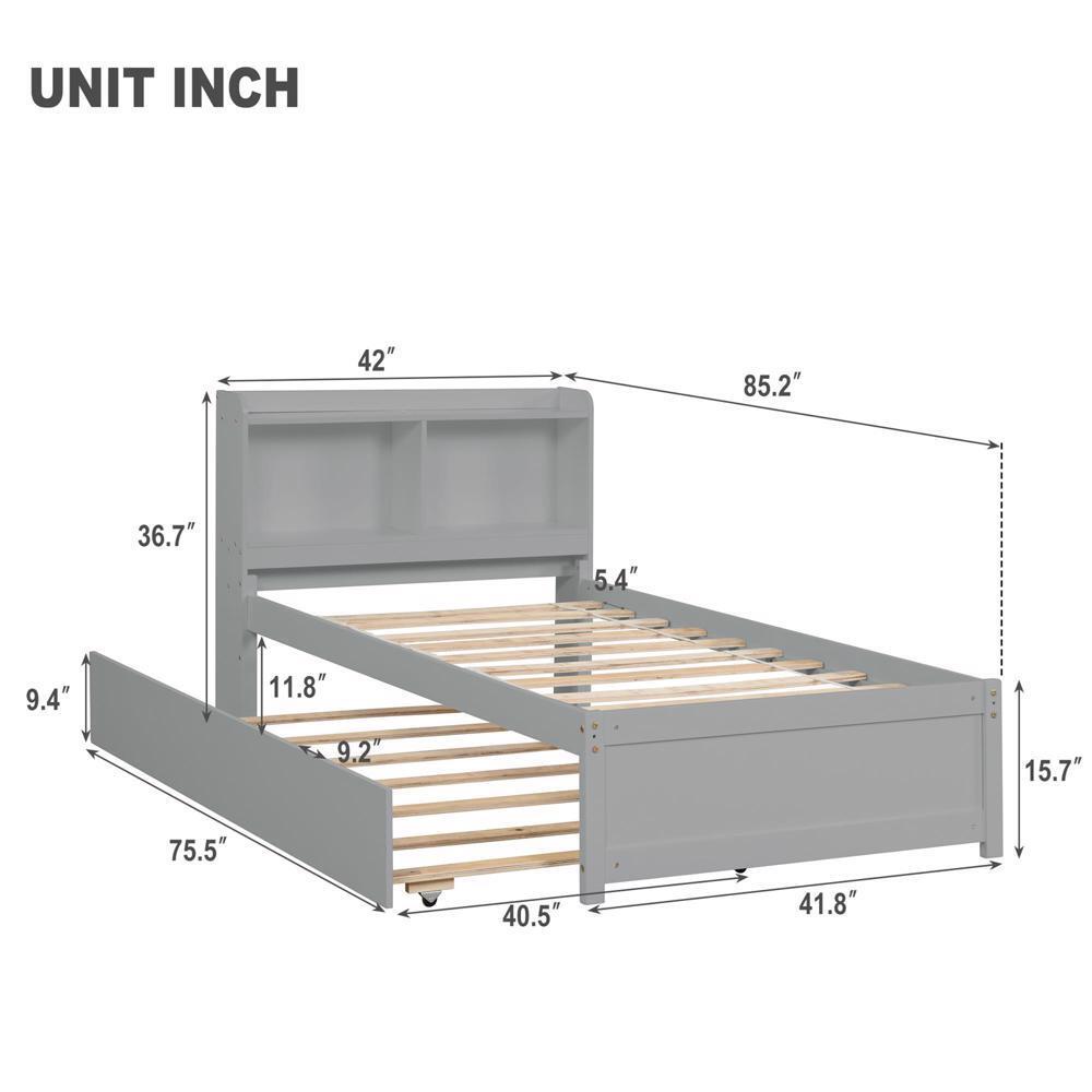Space-Optimizing Design Twin Bed with Trundle and Bookcase Grey