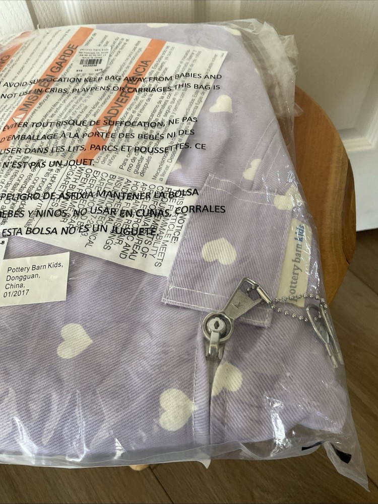 NEW Pottery Barn Kids Anywhere Bean Bag Slipcover Lavender With White Hearts