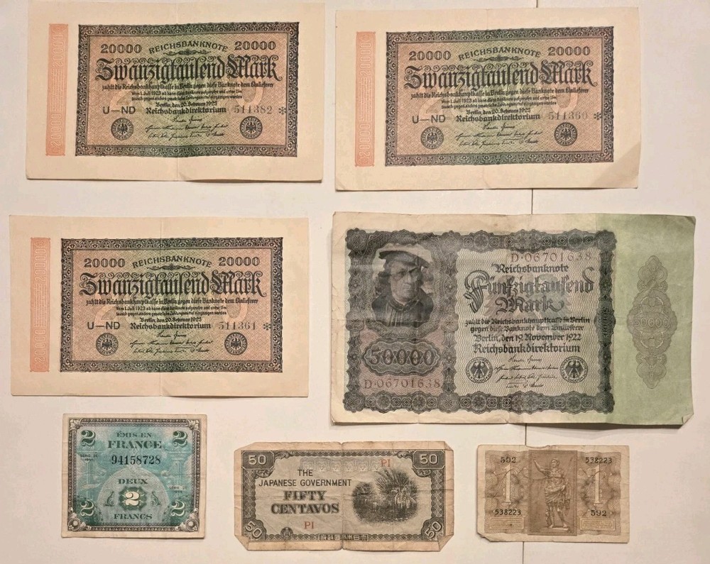 LOT (7) ORIGINAL VINTAGE WW2 GERMAN FRANCE JAPANESE CURRENCY BANKNOTES