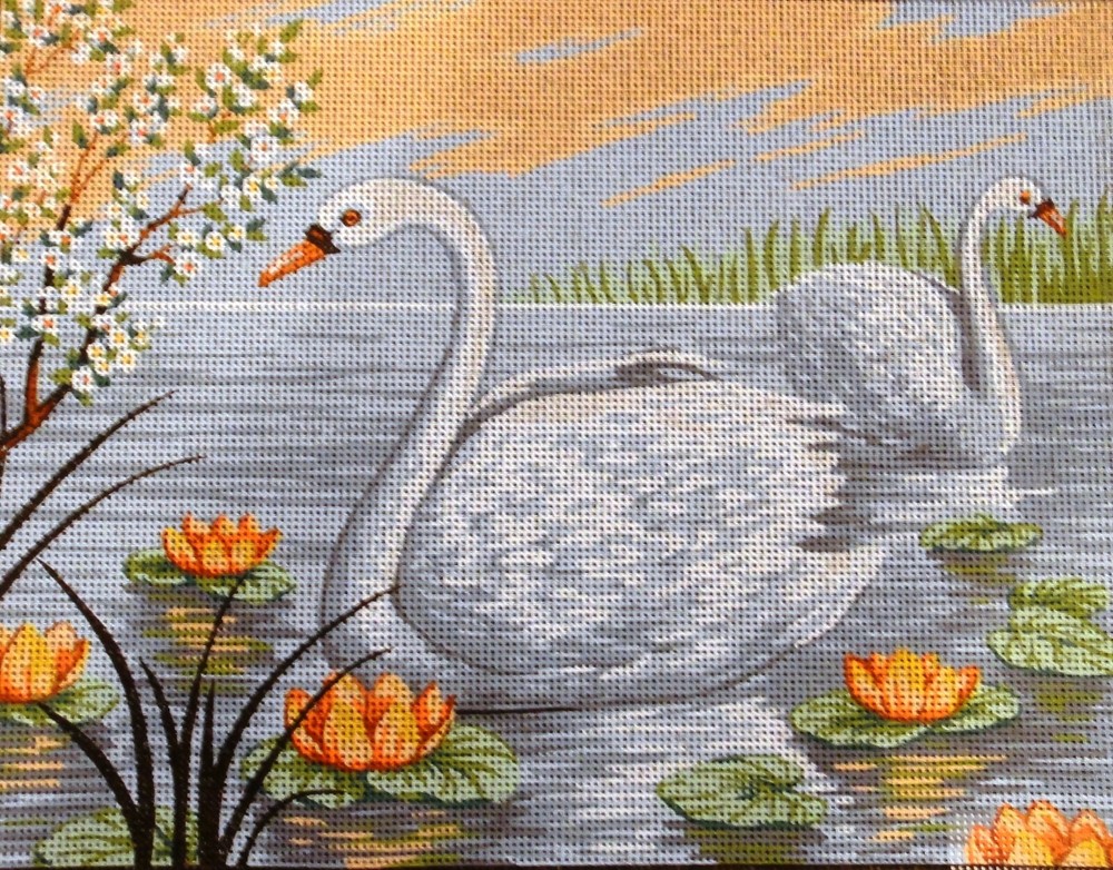 "Swans" Printed Canvas or Threads Needlepoint Kit E300