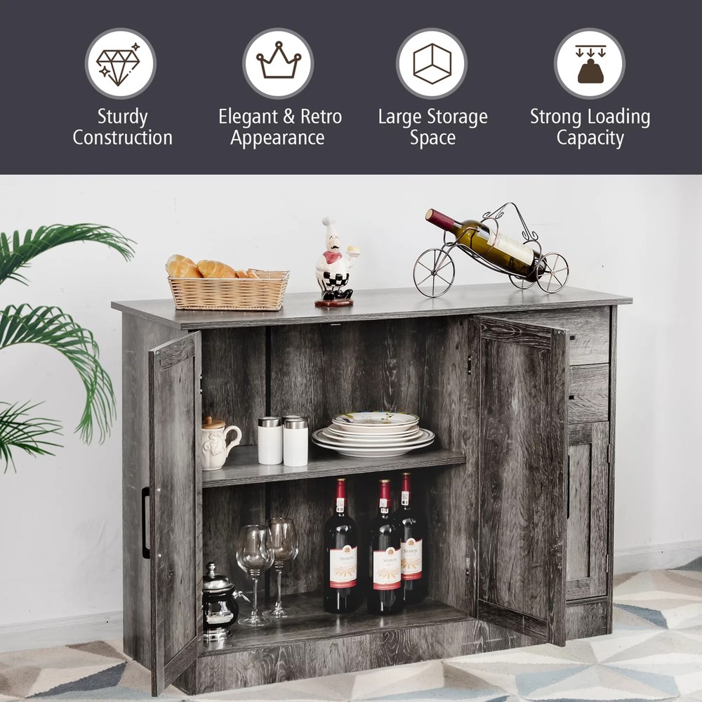 Rustic Gray Grey Wooden Buffet Console Storage Cabinet China Server Sideboard