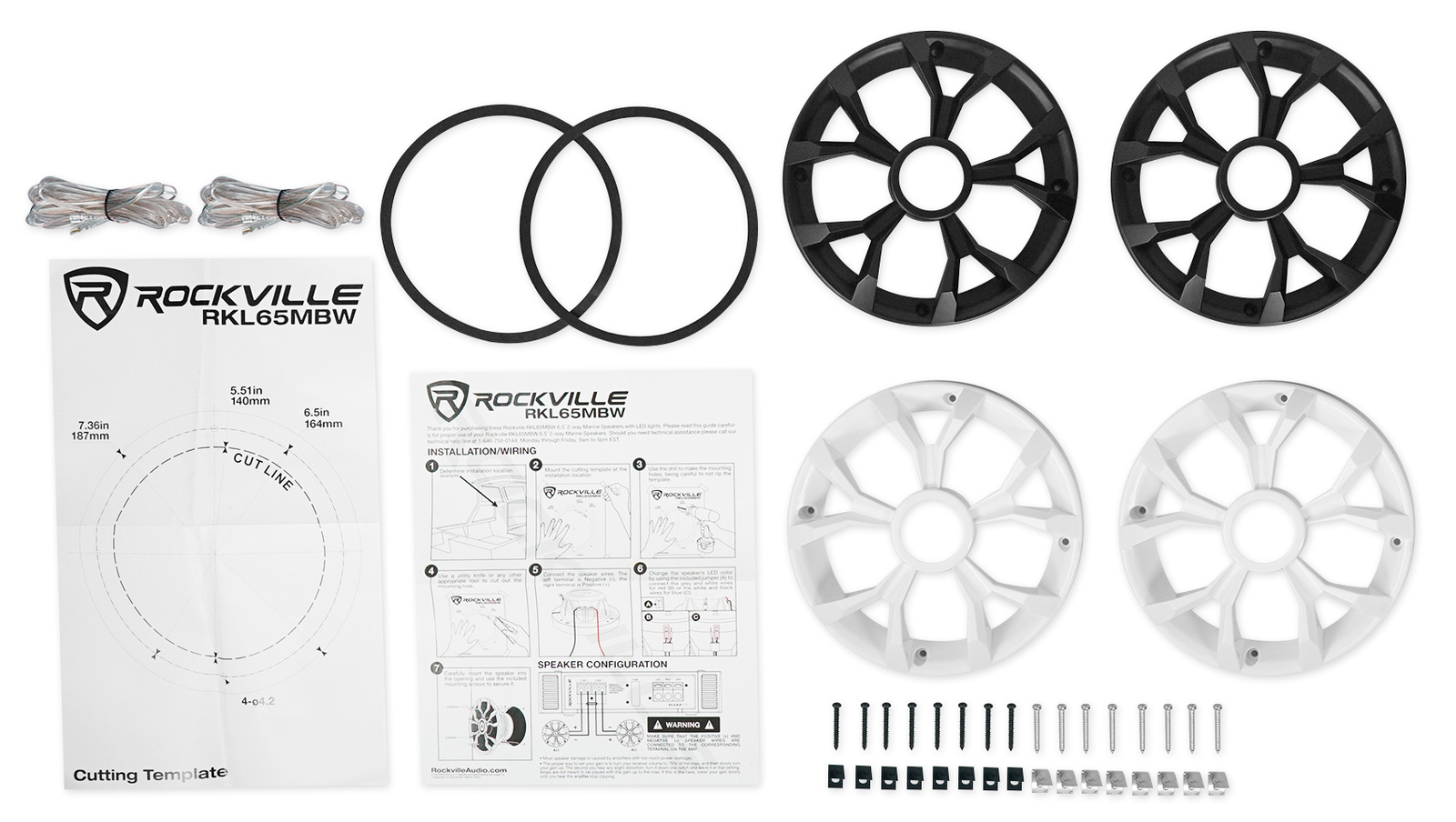 Pair Rockville RKL65MBW 6.5" 700w Marine Boat Speakers w/LED+Black/White Grilles