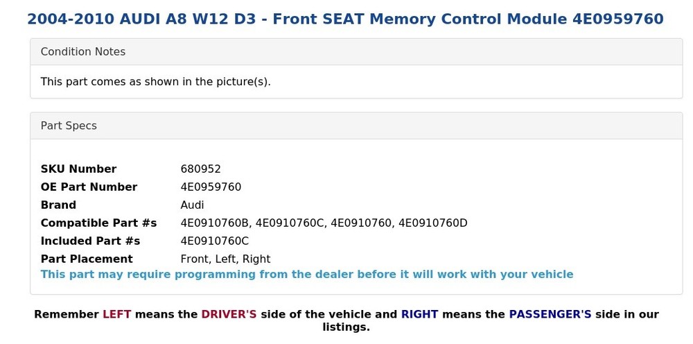 2004-2010 AUDI A8 W12 D3 - Front SEAT Memory Control Module 4E0959760