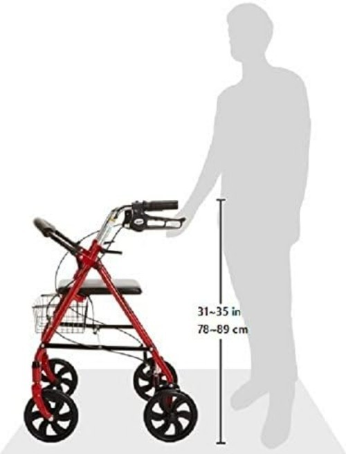 Red Rollator Walker with Seat | Height Adjustable & Foldable Design for Comfort