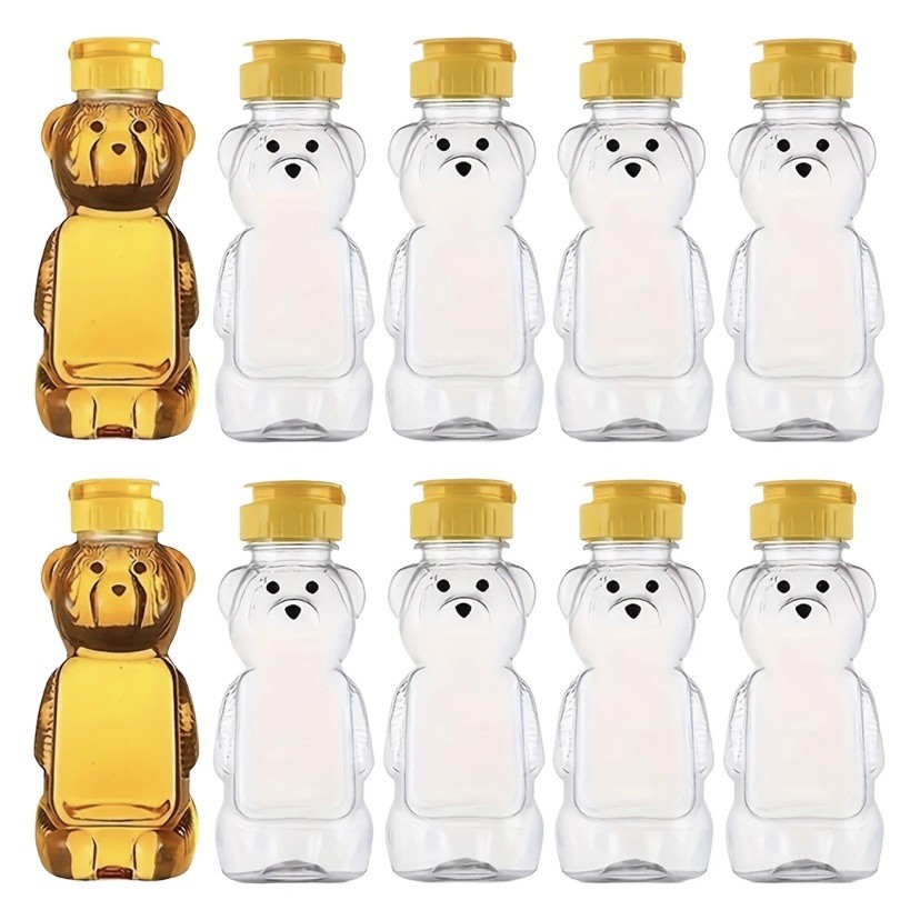 10 PC Set - 8oz Plastic Bear Honey Bottle Jars Squeeze Bottles w/Flip-top Lids