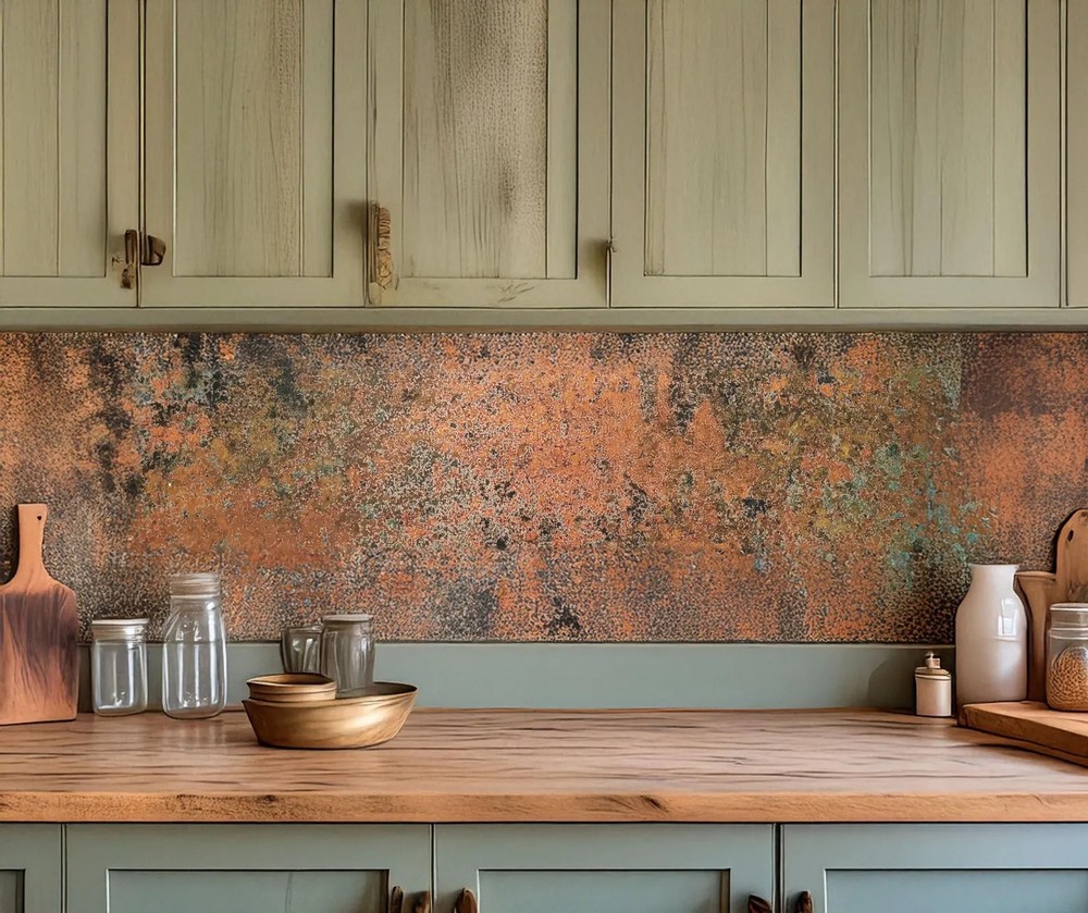 Copper Backsplash Panel – Handmade Metal Wall Art for Kitchen – Rustic Patina