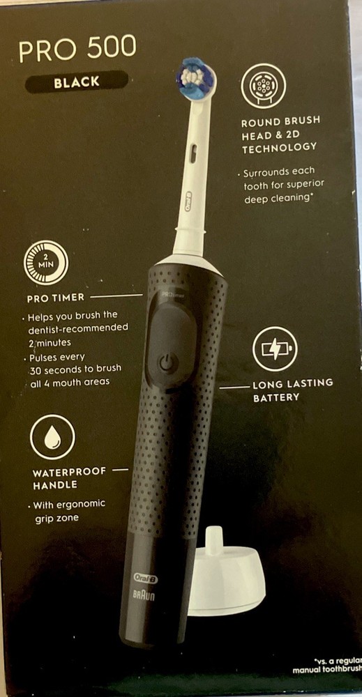 Oral-B Pro 500 Black Rechargeable Toothbrush 2 Modes 30 Second Quadrant Timer