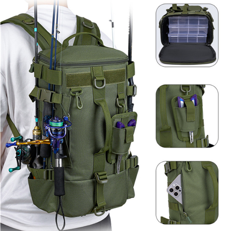 Fishing Tackle Backpack with Rod Holder Large Waterproof Holds 4 Lg Tackle Boxes