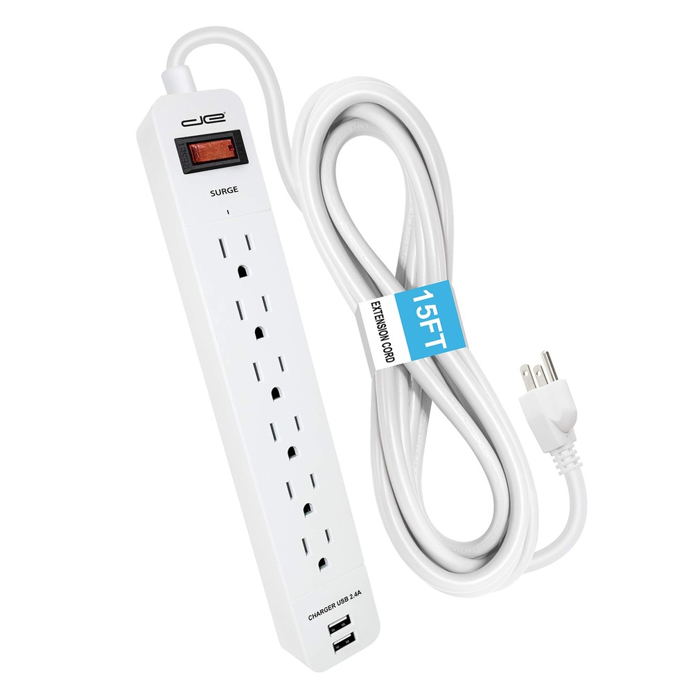 6 Outlet Surge Protector, 15 Ft, USB, White