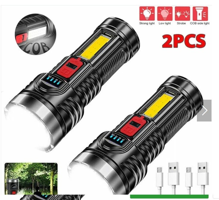 (2 Pack)USB Rechargeable LED Flashlight 4-Modes Camping Hiking Torch Work Light