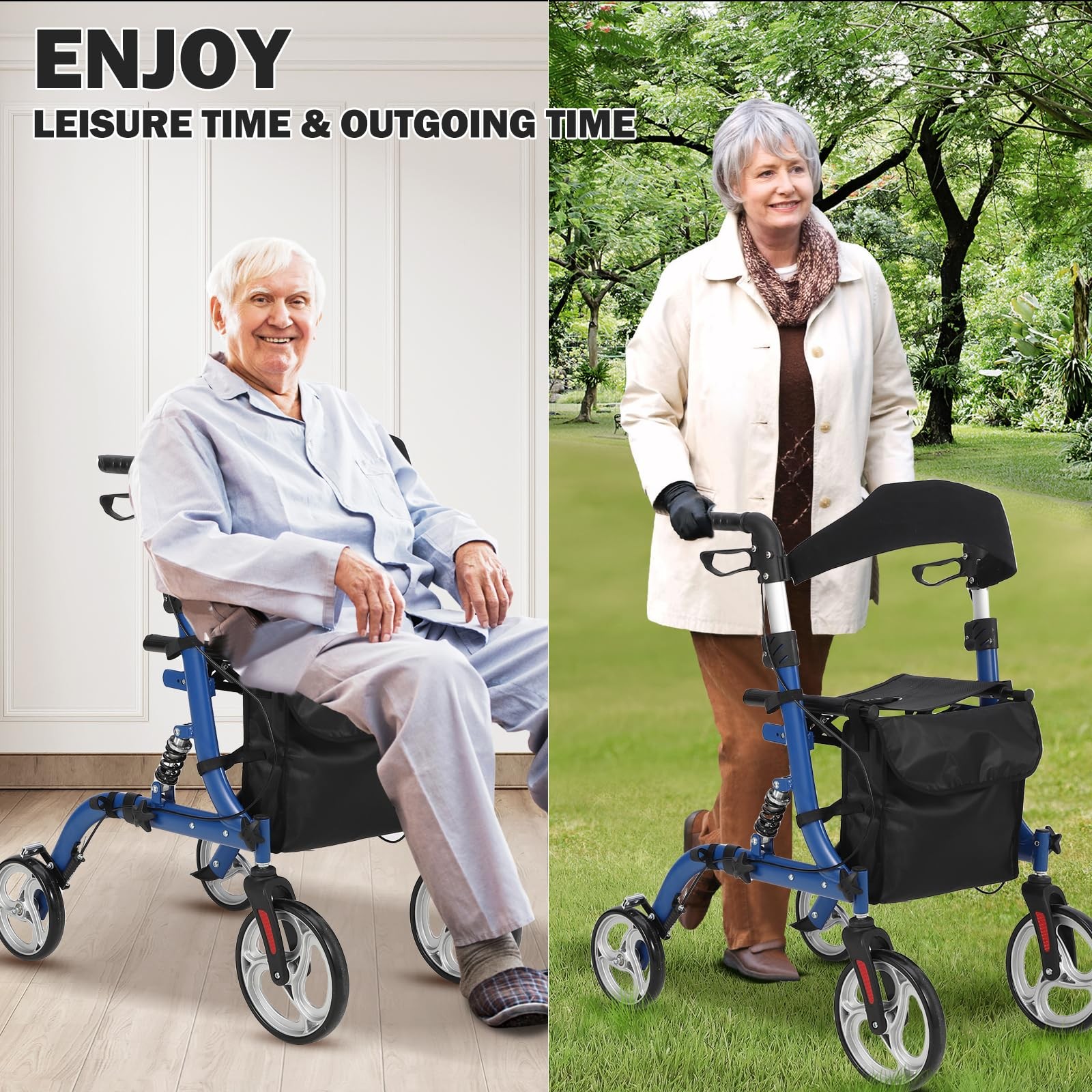 Foldable All Terrain Rollator Walker with Seat and 12" Rubber Wheels for Seniors
