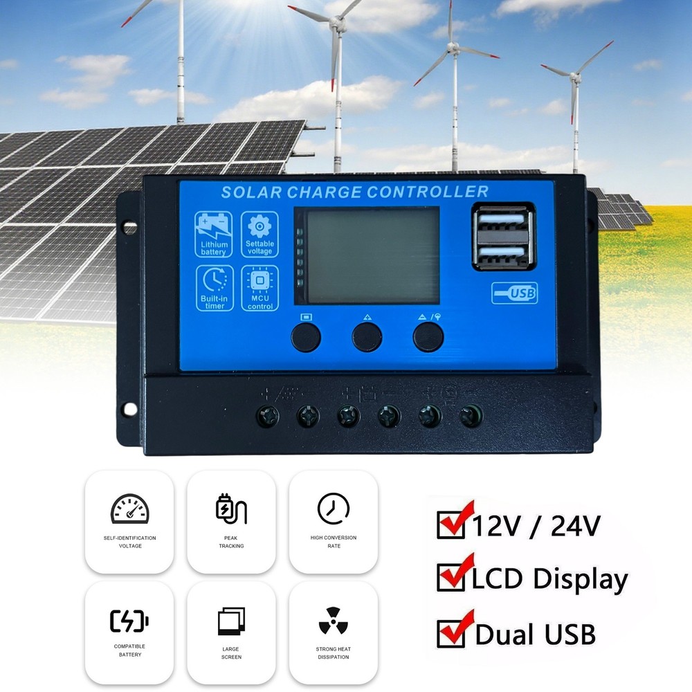 30A PWM Solar Panel Charge Controller 12/24V Auto LCD Display Dual USB Timer Set
