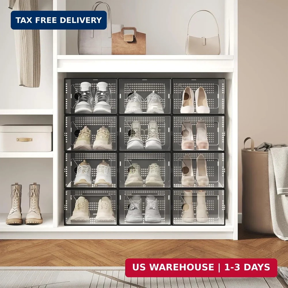 DUMOS Shoe Storage Boxes, 12-Pack Stackable Clear Shoe Containers with Lids, Dis