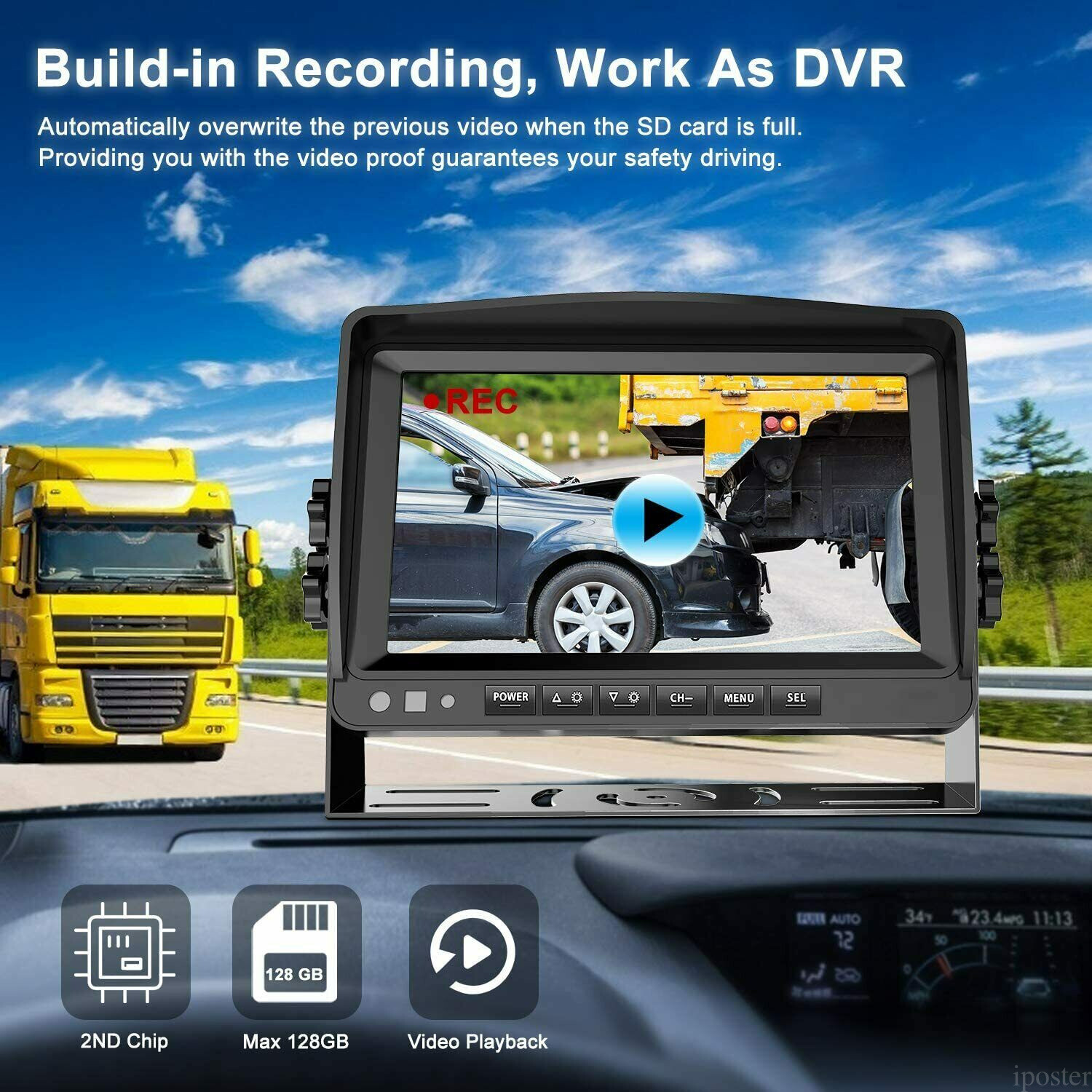 7" Quad Monitor DVR SD Recorder Side Rear View Camera System For Truck Trailer