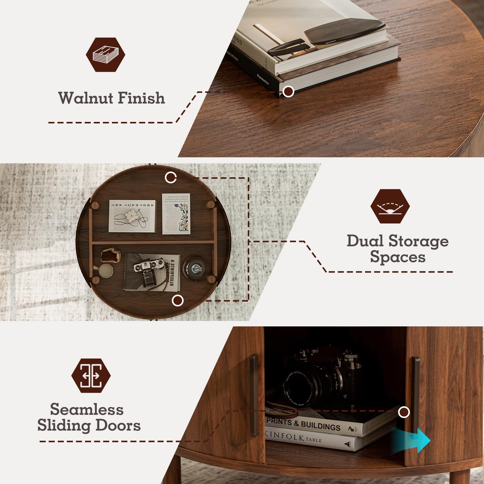 Coffee Table for Living Room, Modern Round Coffee Table with Cabinets & Slidi...