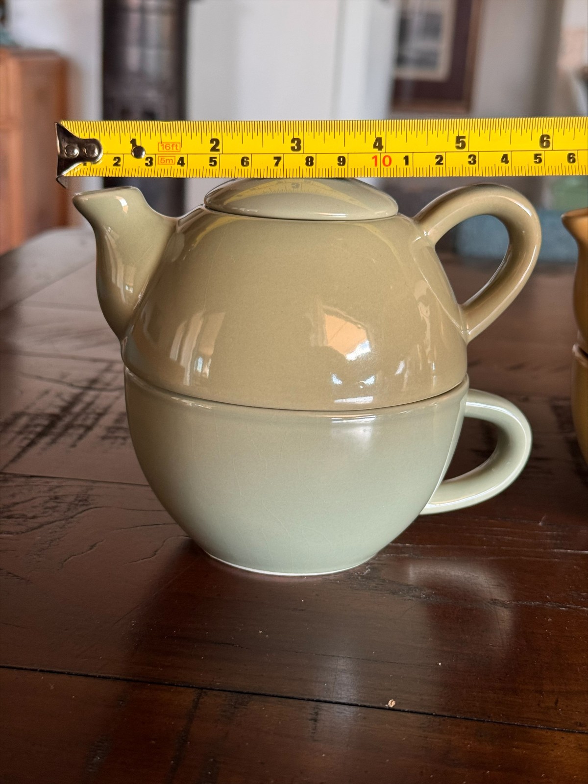 Pier 1 Teapot Mug Set Stackable Tea For One Yellow Green Crackle Glaze China Set