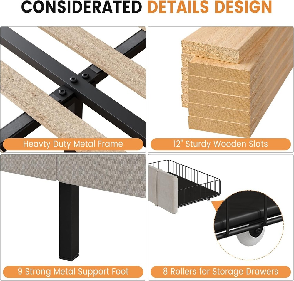 Queen Size Bed Frame, Upholstered Platform Bed Frame with 2 Storage Drawers