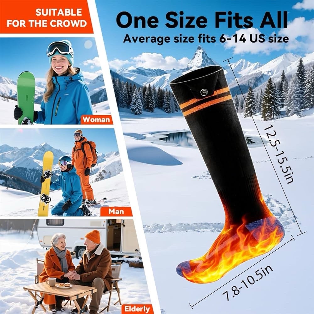 (One Size)Electric Heated Socks 5000mAh Rechargeable 4 Heat Settings for Outdoor