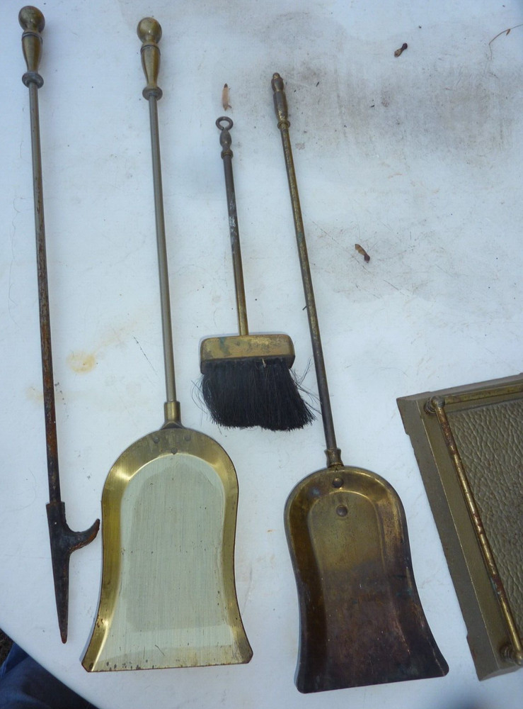 Vintage Fireplace Tool Set Brass Handles Base 4 Piece Tools Set