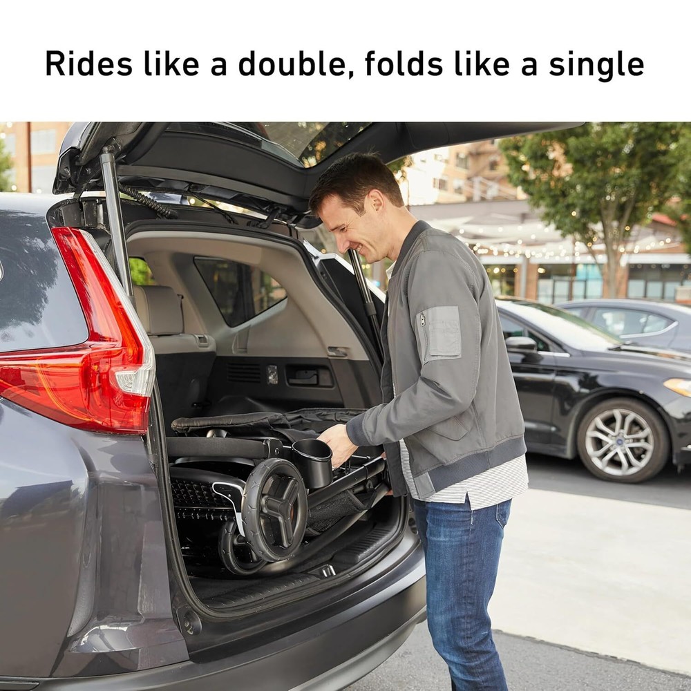 Double Stroller Features Bench Seat and Standing Platform Options