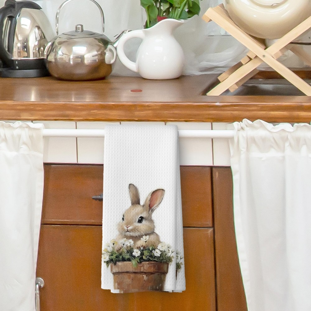 XPH Vintage Floral Easter Bunny Kitchen Dish Towels, Rustic Easter06