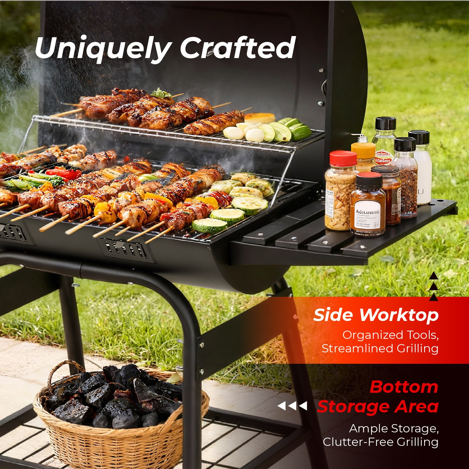 40" Barrel Charcoal Grill with Side Shelf, Stainless Steel Stove Camping Outdoor