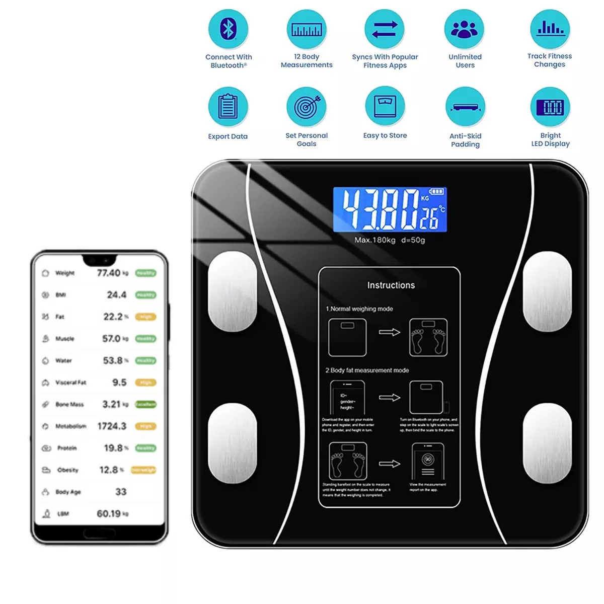 Rechargeable Large Display Weight Scale Body Scale Bathroom Scale Body Fat App