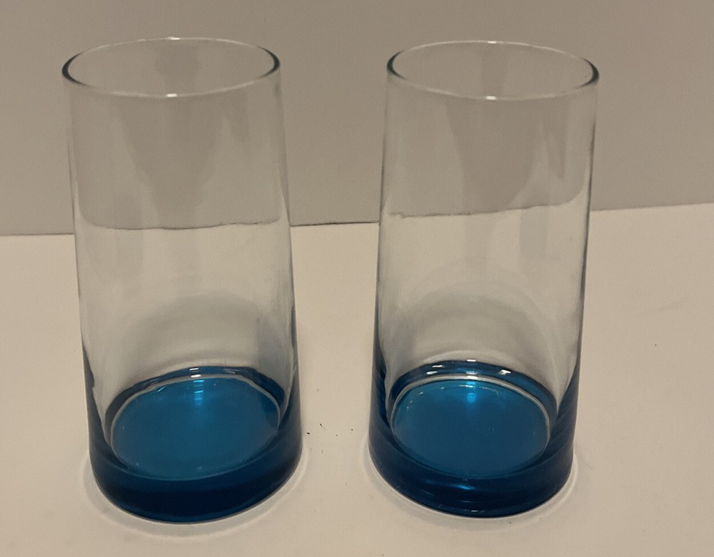 2 Clear Drinking Glasses w/ Blue Colored Bottoms
