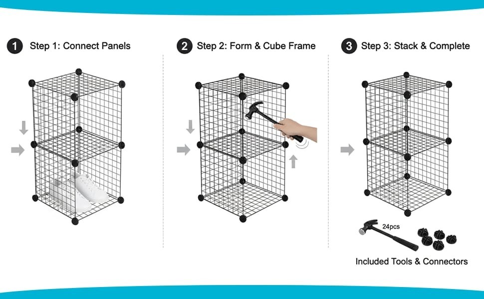 Cube Storage Organizer 4 - Wire Grid Closet and Shelves, Stackable Storage Bin
