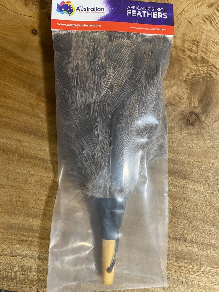 Soft grey first grade ostrich feather duster wood shaped gloss handle 30cm
