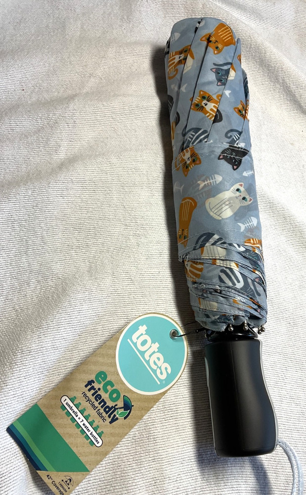TOTES BASIC WOMEN'S UMBRELLA CATS GRAY 42 INCH COVERAGE PUSH OPEN NWT
