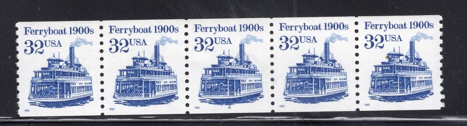 1995 32 cent Ferryboat Plate number coil Strip of 5, #2 Scott #2466, Mint NH