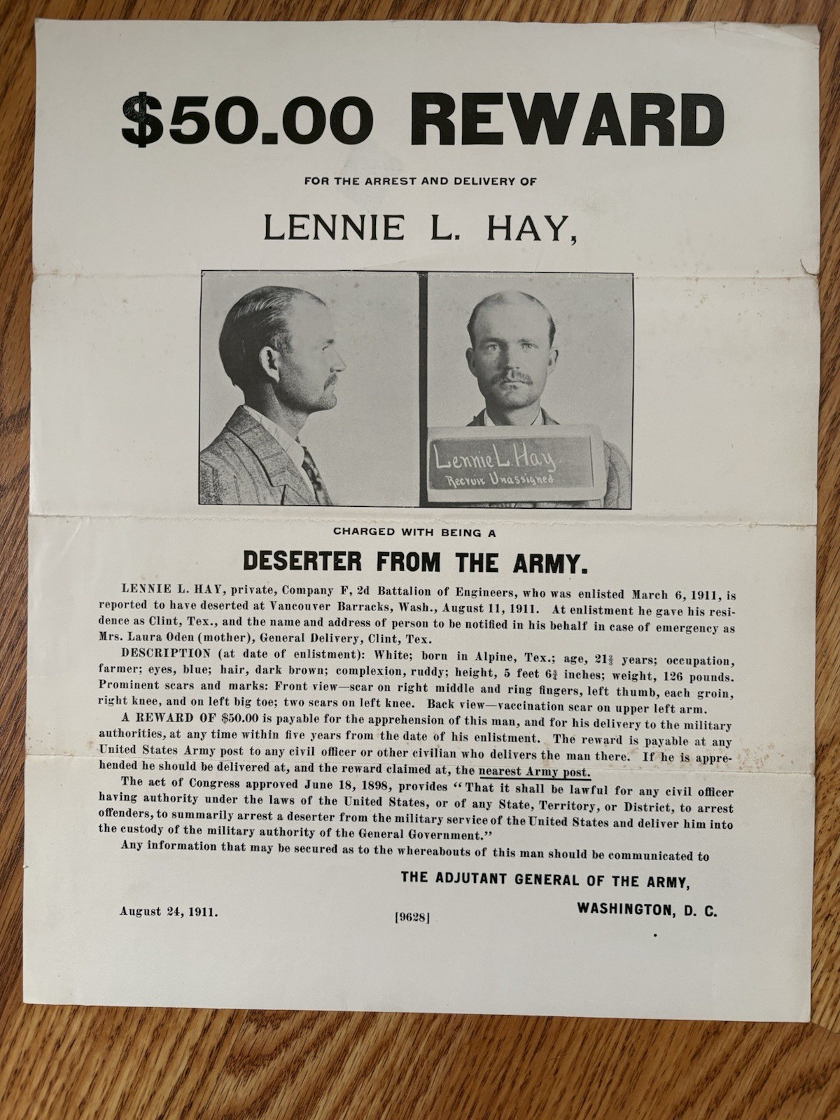 Antique WANTED POSTER Deserter US Army Pre WW1 11th Cavalry Fort Oglethorpe 1911