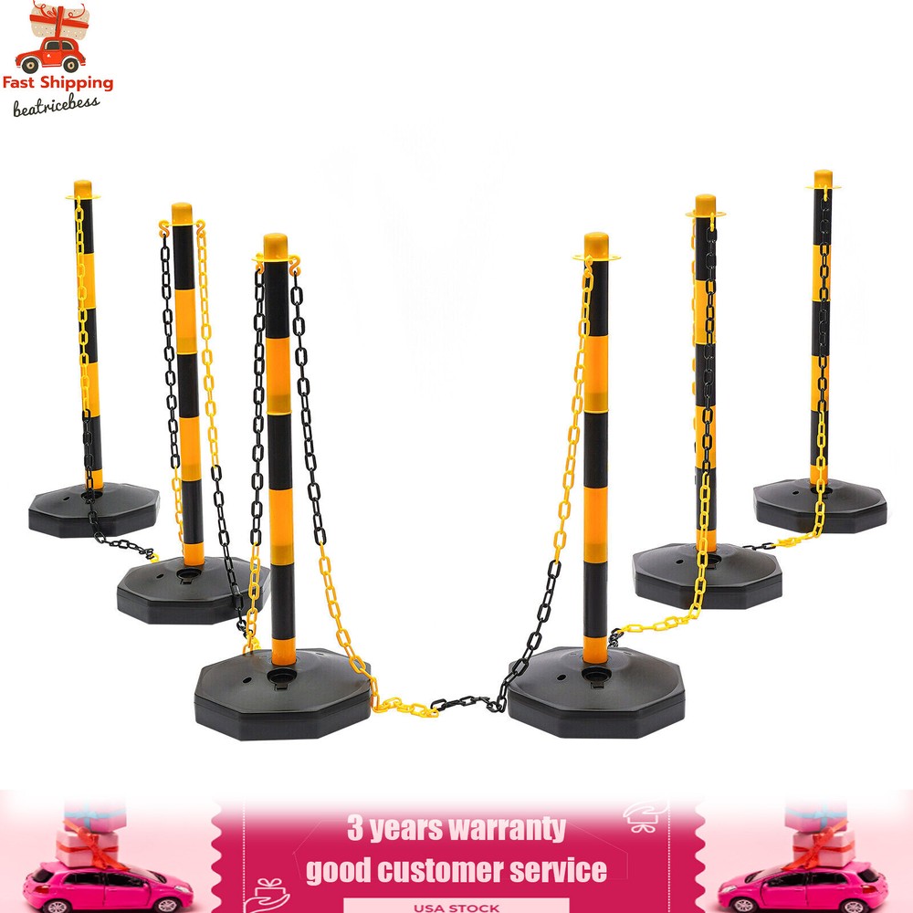 6 Pack Traffic Cones Adjustable Delineator Post Portable Parking Pole W/ Chains