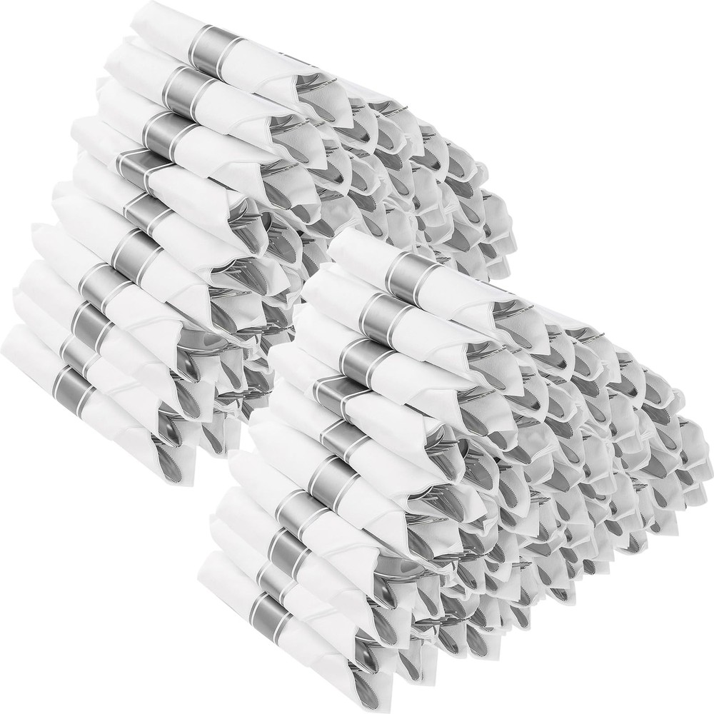 100 Pack Pre Rolled Silver Plastic Silverware, Wrapped Plastic Cutlery Set wi...
