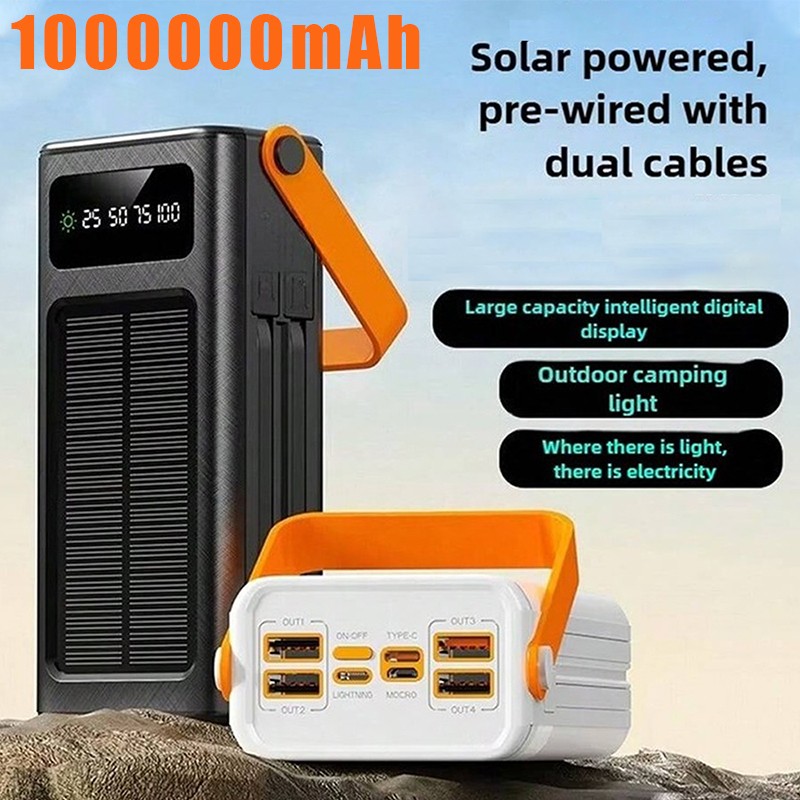 NIFFPD 1000000mAh Solar Power Bank Fast Charging Built in Cables  Battery Pack
