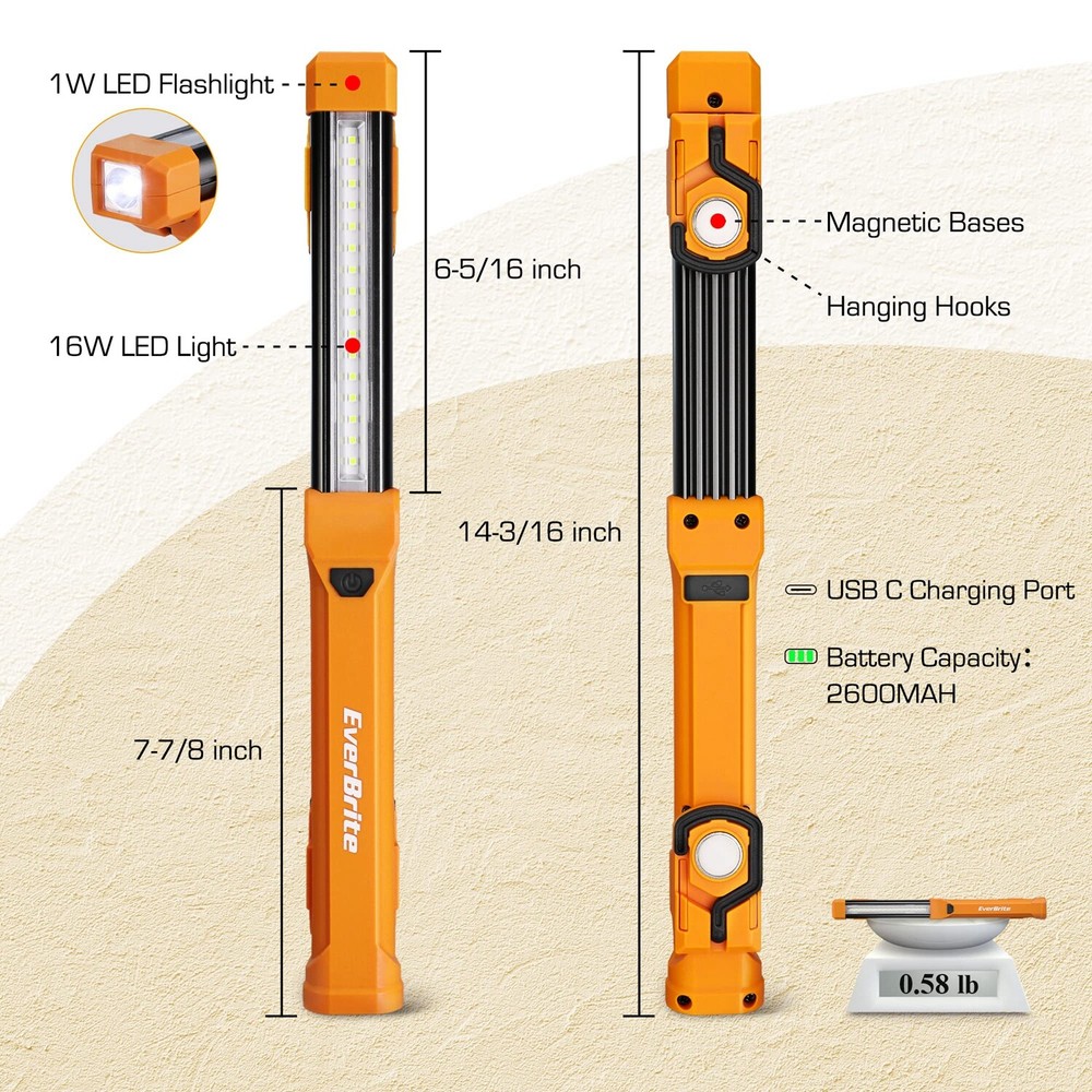 EverBrite 1000LM LED Work Light 4 Modes Rechargeable Work Light w/USB C Cable US