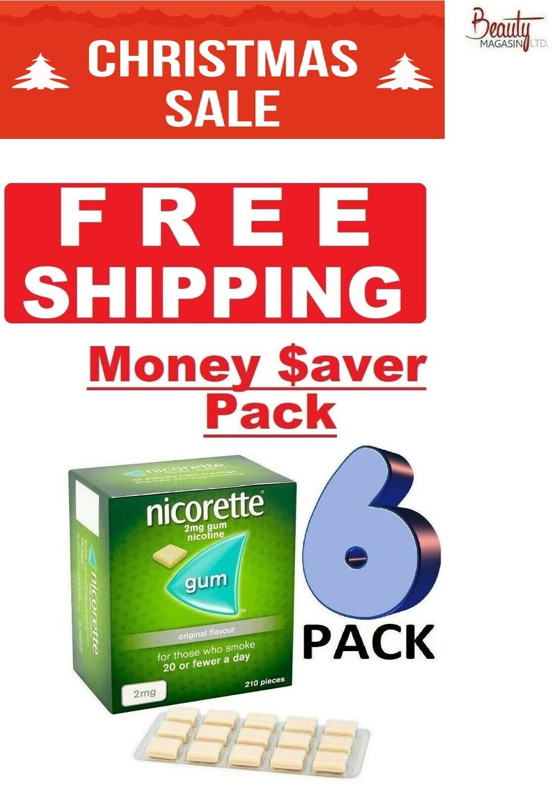 6 x Nicorette ORIGINAL Chewing Gum 2mg 210 Pieces "FREE SHIP TO USA"