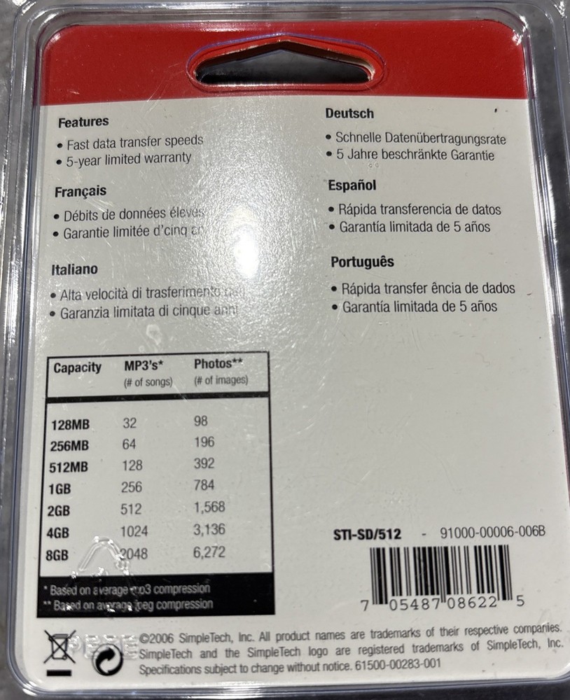 SimpleTech 512 MB SecureDigital (SD) Memory Card for storing digital data. New