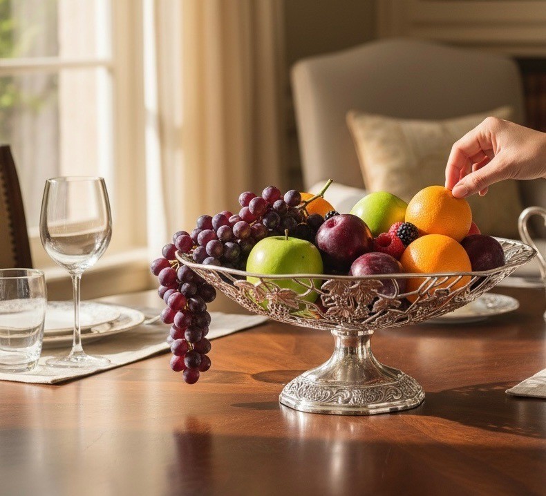 Silver-plated footed centerpiece with intricate grape and vine design