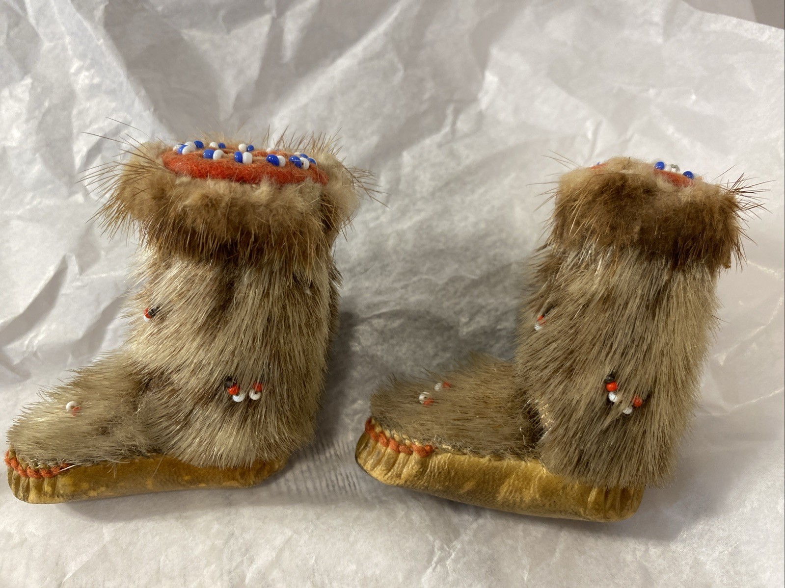 Beaded Fur Moccasin Boots Likely For A Doll Possibly Intuit