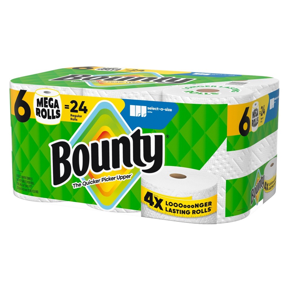 Bounty Paper Towels Select-A-Size White, 6 Mega Rolls, 164 Sheets per Roll