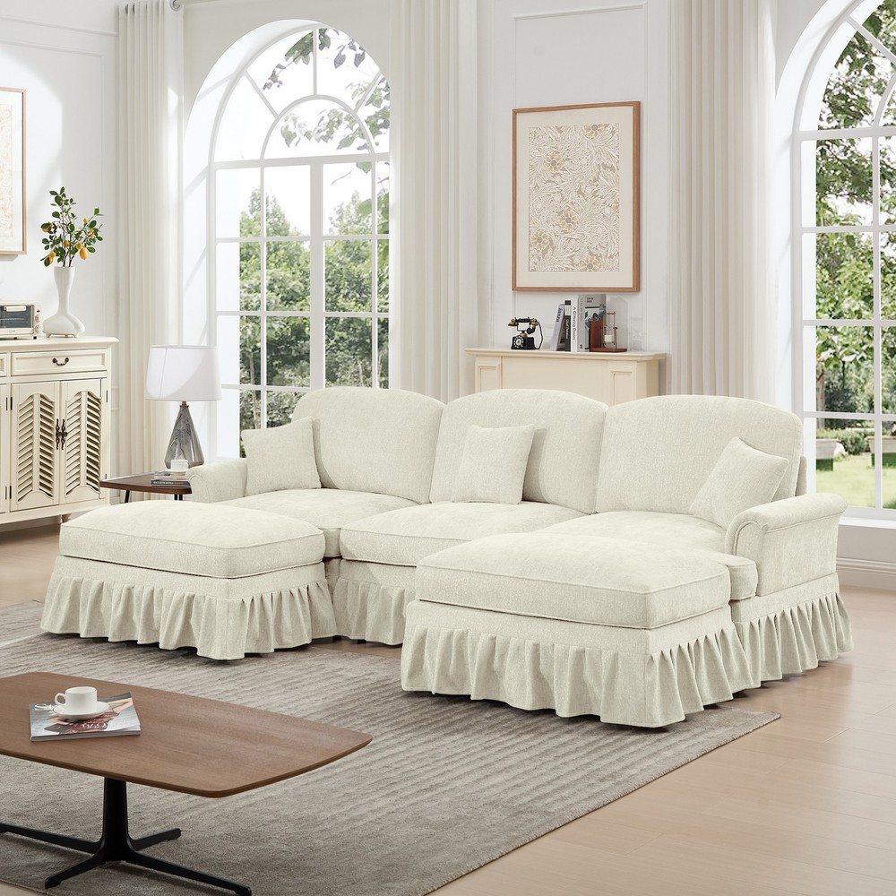 Comfy Modular Sectional Sofa U-Shape w/ Ottoman & Removable Skirts, Beige