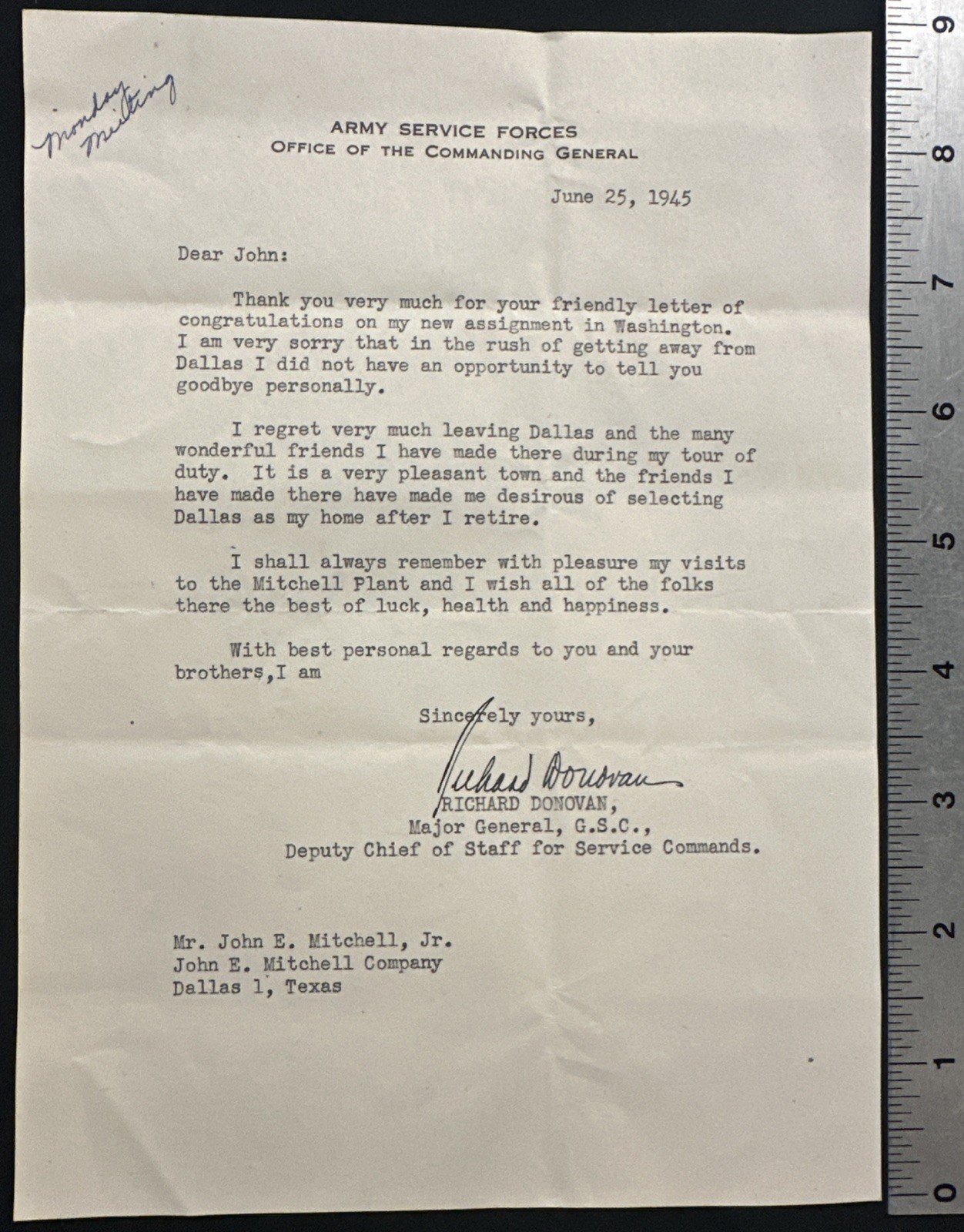 WWII Maj Gen Richard Donovan Signed 1945 Army Service Forces Letter Dallas TLS