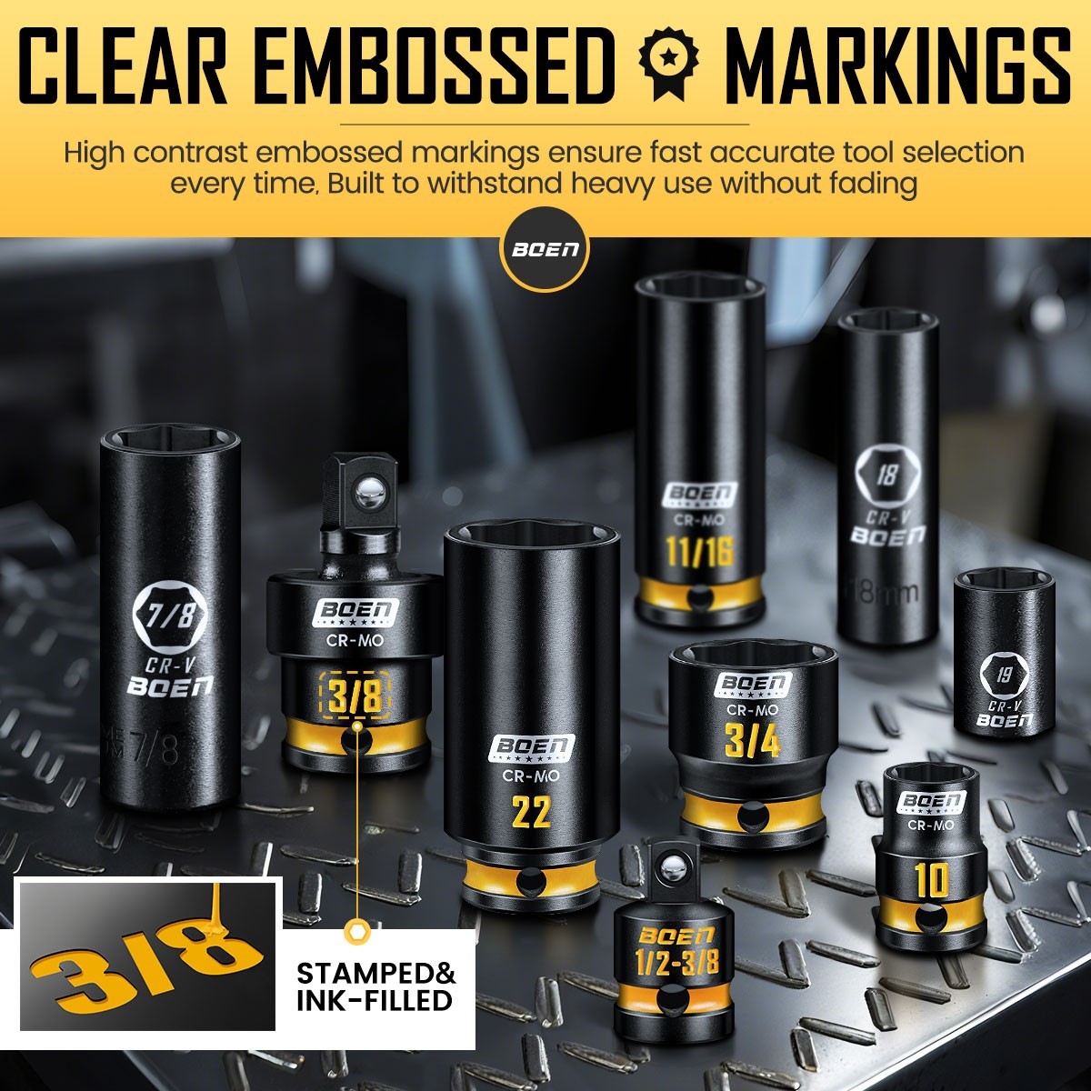 3/8'' inch Impact Socket Set, 50PCS SAE (5/16 to 3/4 inch) and Metric (8mm-22mm)