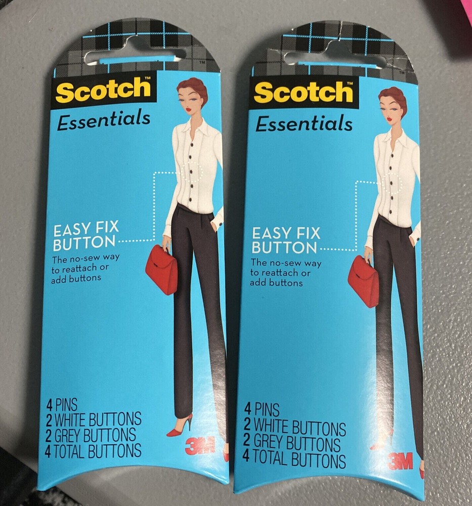 Set 2 Scotch Essentials Easy Fix Button, 4 Pins, 2 White & 2 Grey & 4 Beige ,NEW