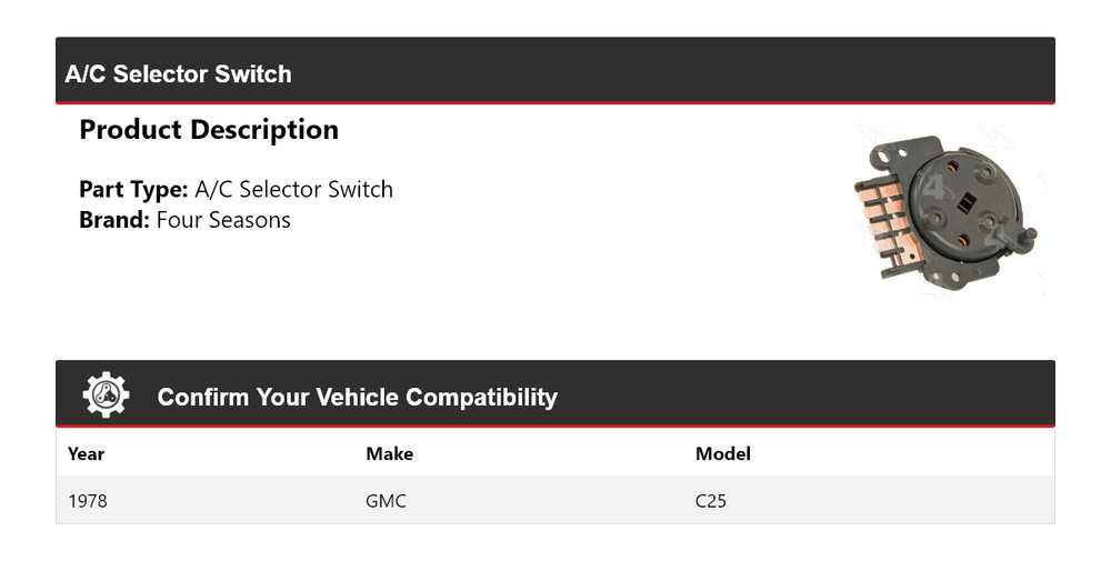 For 1978 GMC C25 A/C Selector Switch 4 Seasons