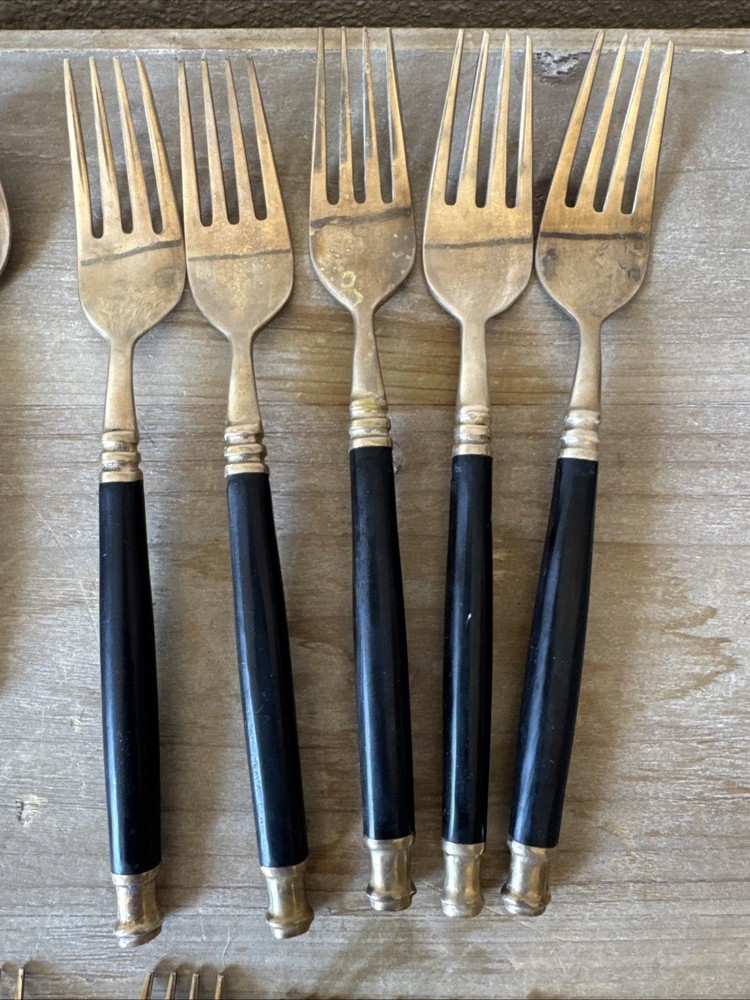 Vintage Brass & Black Bakelite Set Flatware Silverware 32 Piece Set