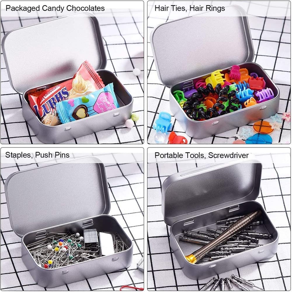SECALIFE 3Pack Silver Metal Rectangular Hinged Tins Containers Basic Necessit...