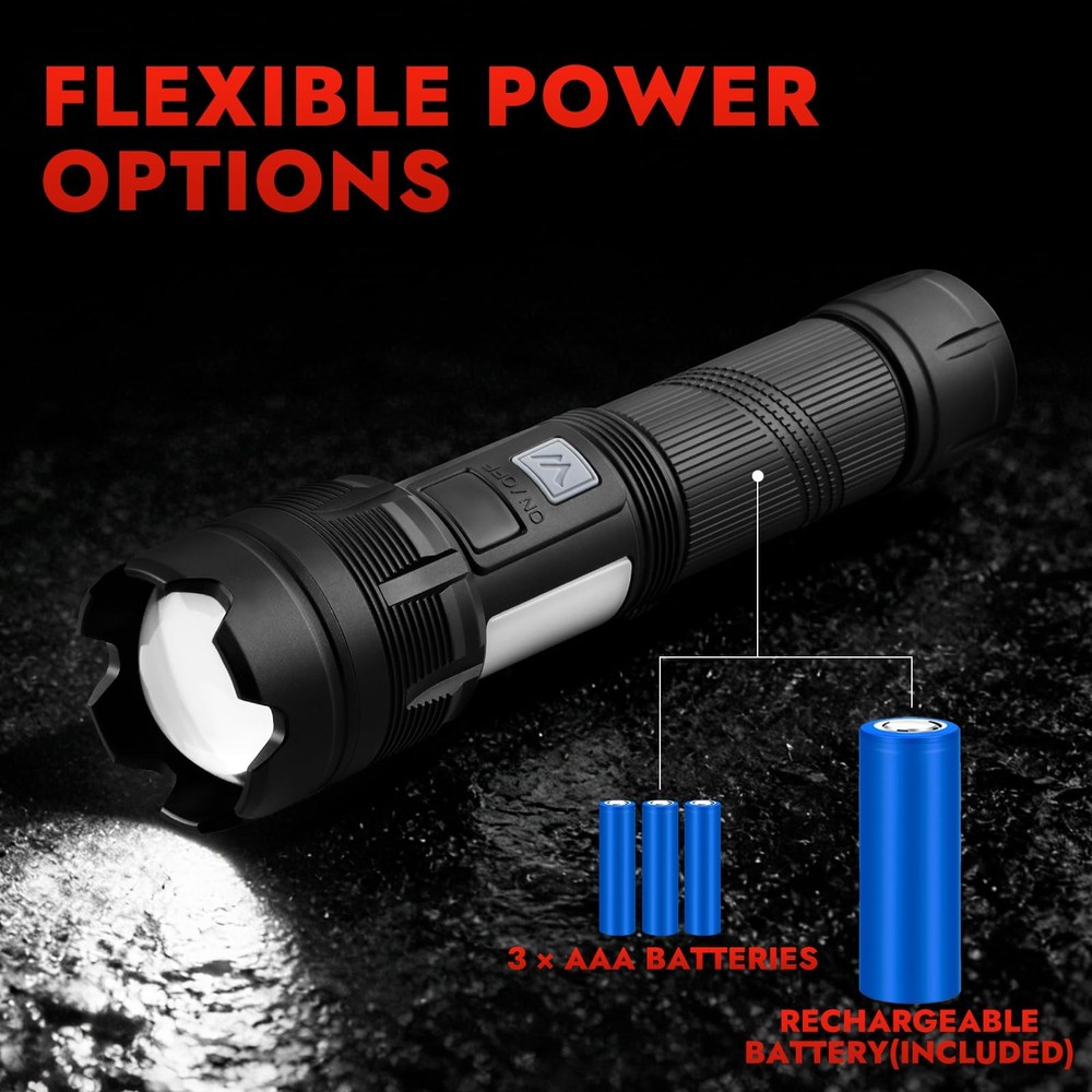 WARSUN Multi-Function Zoom Flashlight - Aluminum, Long Range Beam, Black